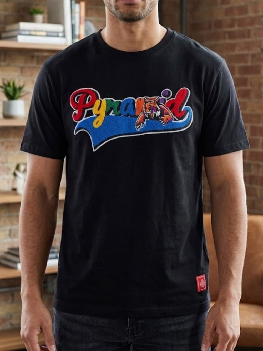 Black Pyramid Black Short-Sleeve Tee with Multicolor Embroidered Logo and Tiger